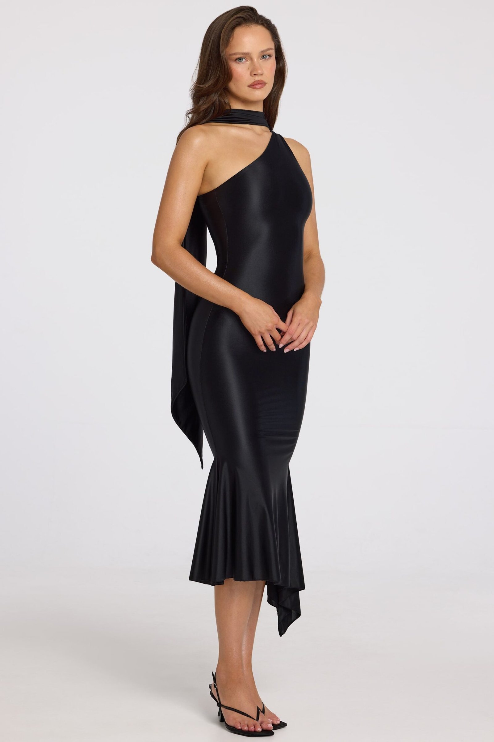Asymmetric Scarf-Detail Midaxi Dress in Black - Image 8