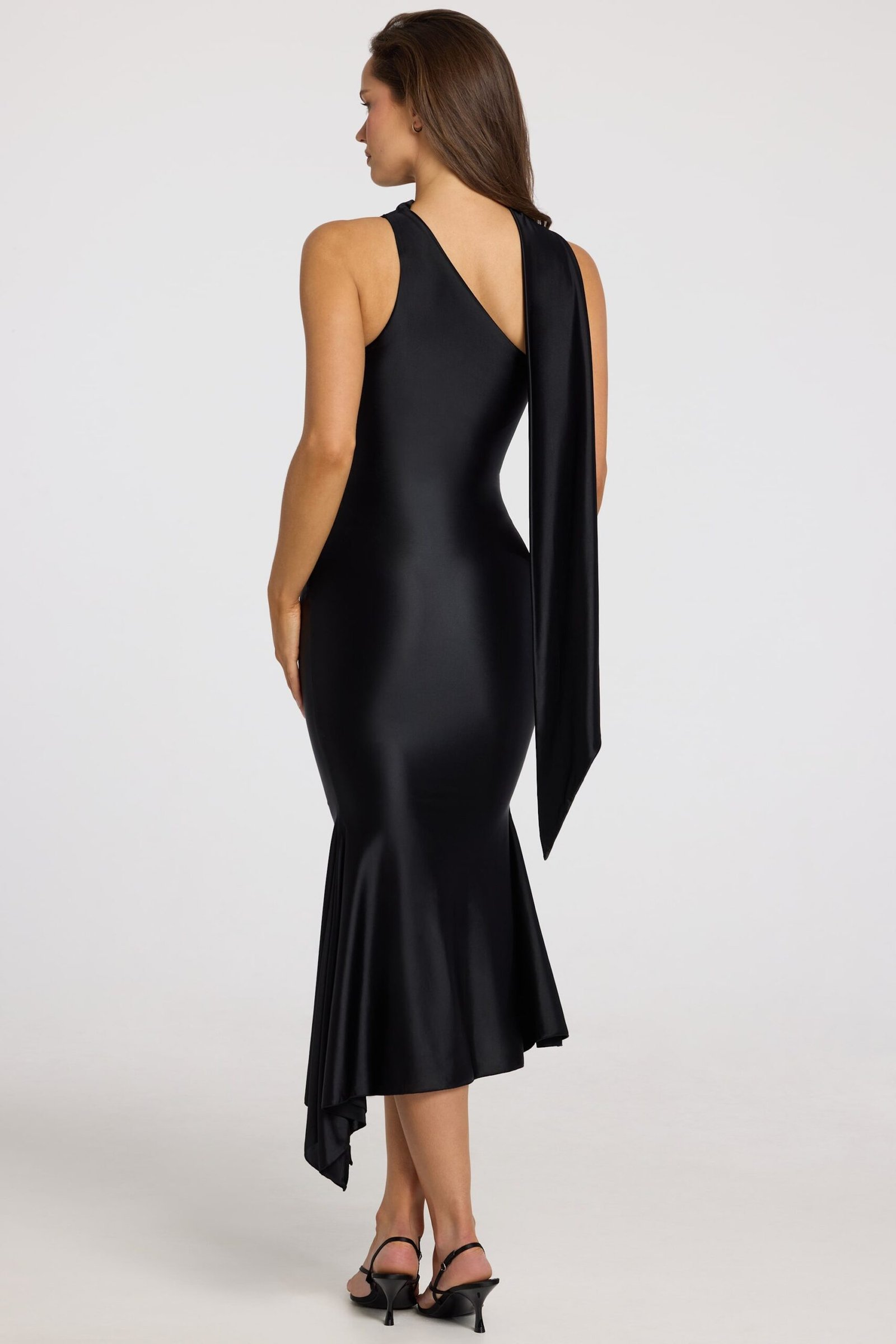 Asymmetric Scarf-Detail Midaxi Dress in Black - Image 6