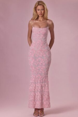 Embellished Square Neck Maxi Dress in Blush