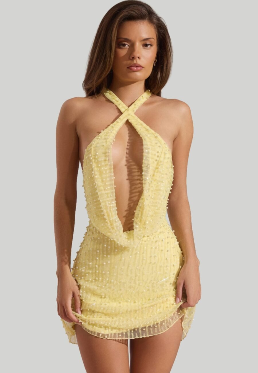 Embellished Cowl-Neck Backless Mini Dress in Yellow