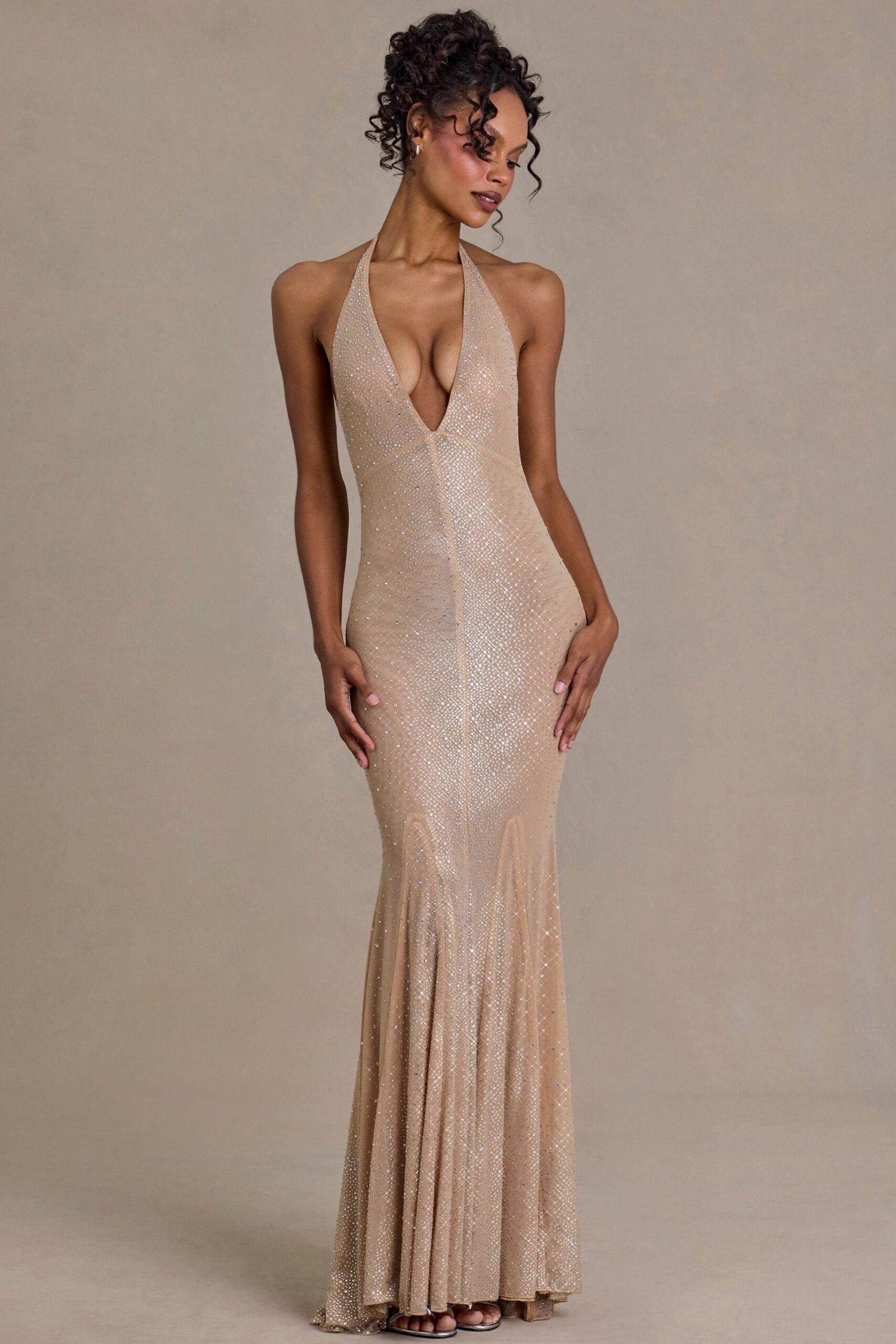 Embellished Plunge-Neck Open-Back Gown in Sand - Image 5