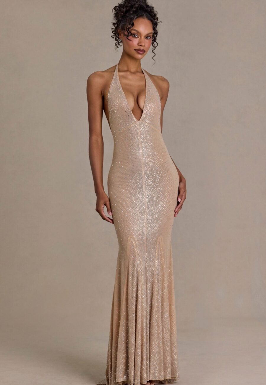 Embellished Plunge-Neck Open-Back Gown in Sand