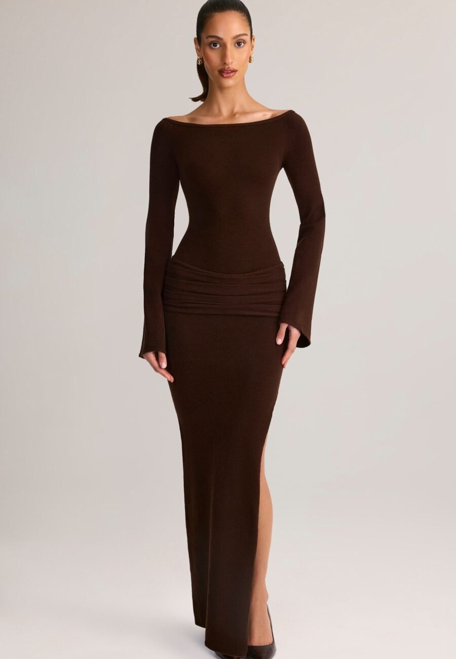 Rib-Knit Boat-Neck Long-Sleeve Maxi Dress in Chocolate Brown