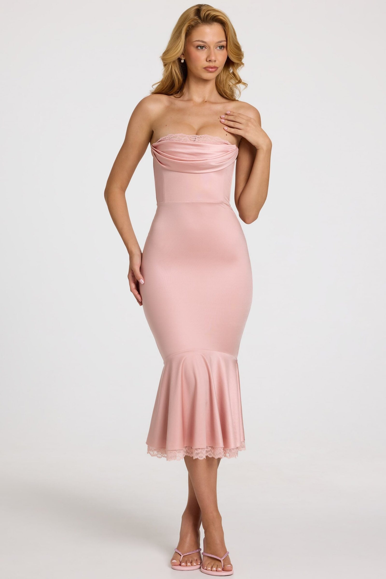 Satin Lace-Trim Bandeau Fluted Midaxi Dress in Blush Pink - Image 7