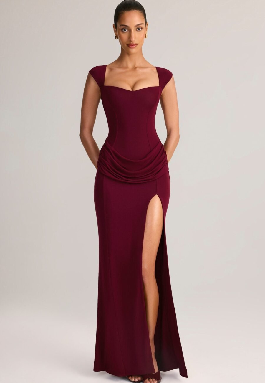 Modal Sweetheart-Neck Cowl-Waist Maxi Dress in Wine