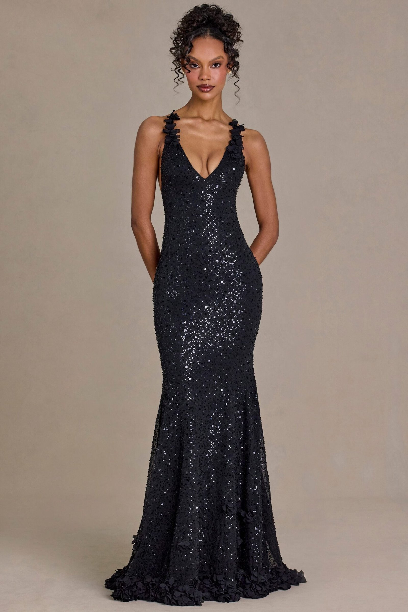 Embellished Plunge Open-Back Gown in Black - Image 5