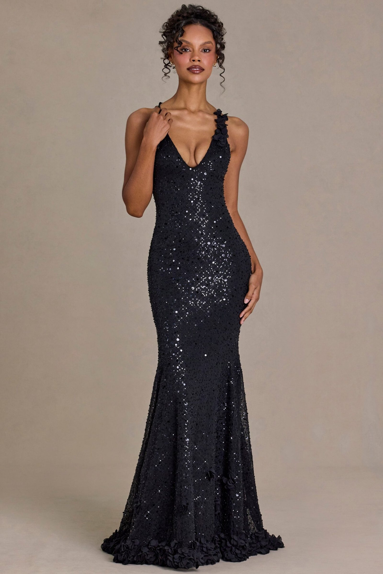 Embellished Plunge Open-Back Gown in Black - Image 8