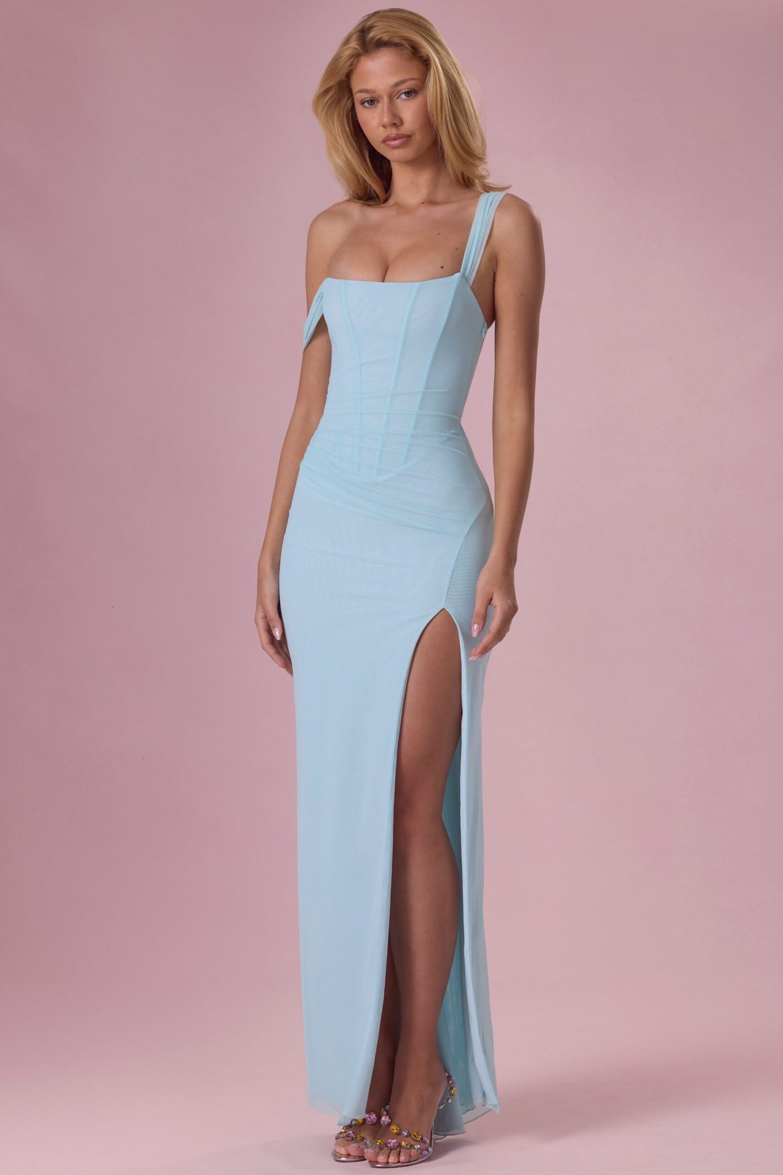 Mesh Draped Corset Gown in Light Blue - Image 6