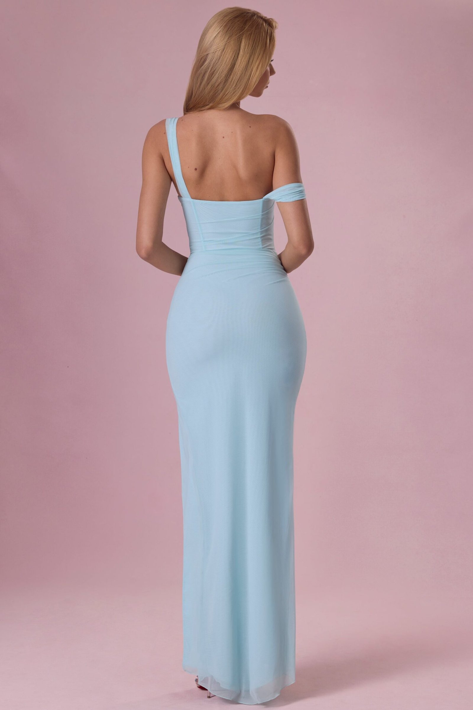 Mesh Draped Corset Gown in Light Blue - Image 3
