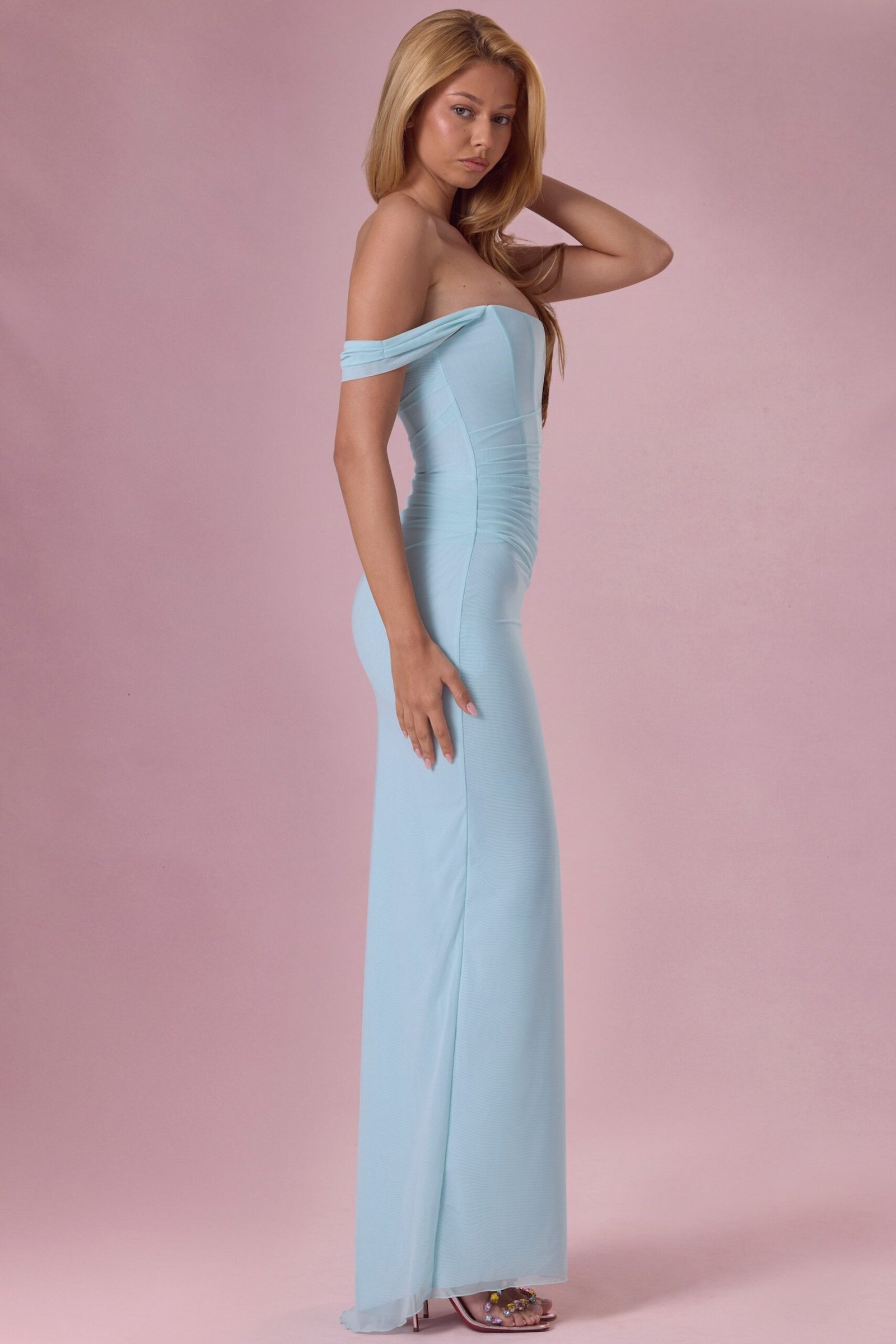 Mesh Draped Corset Gown in Light Blue - Image 5