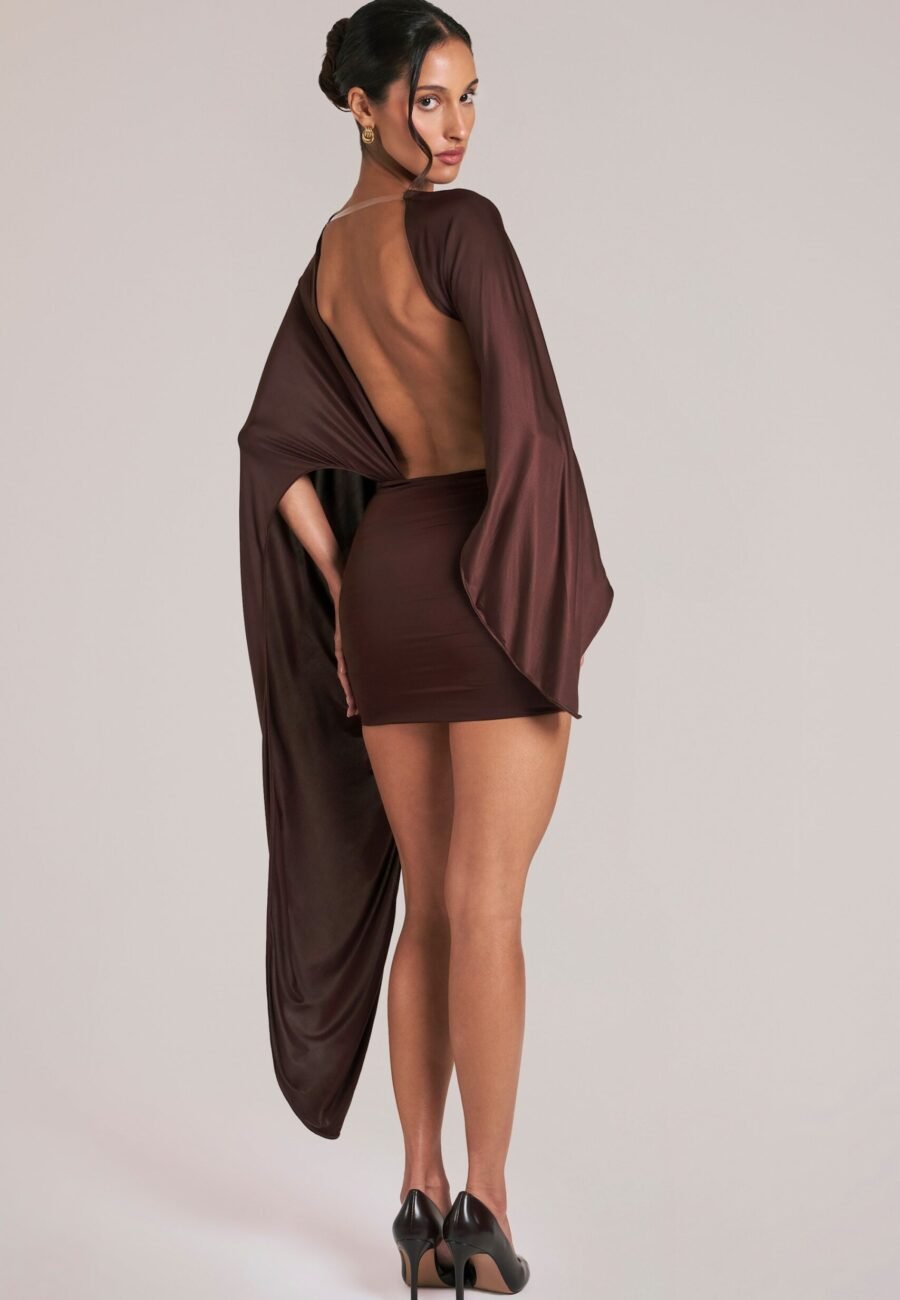 Draped Cape Mini Dress in Chocolate Brown