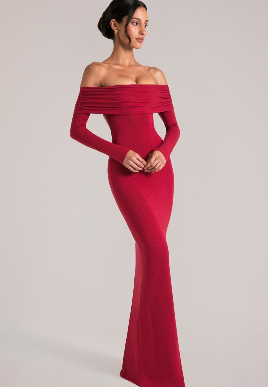 Off-Shoulder Long-Sleeve Maxi Dress in Cherry Red