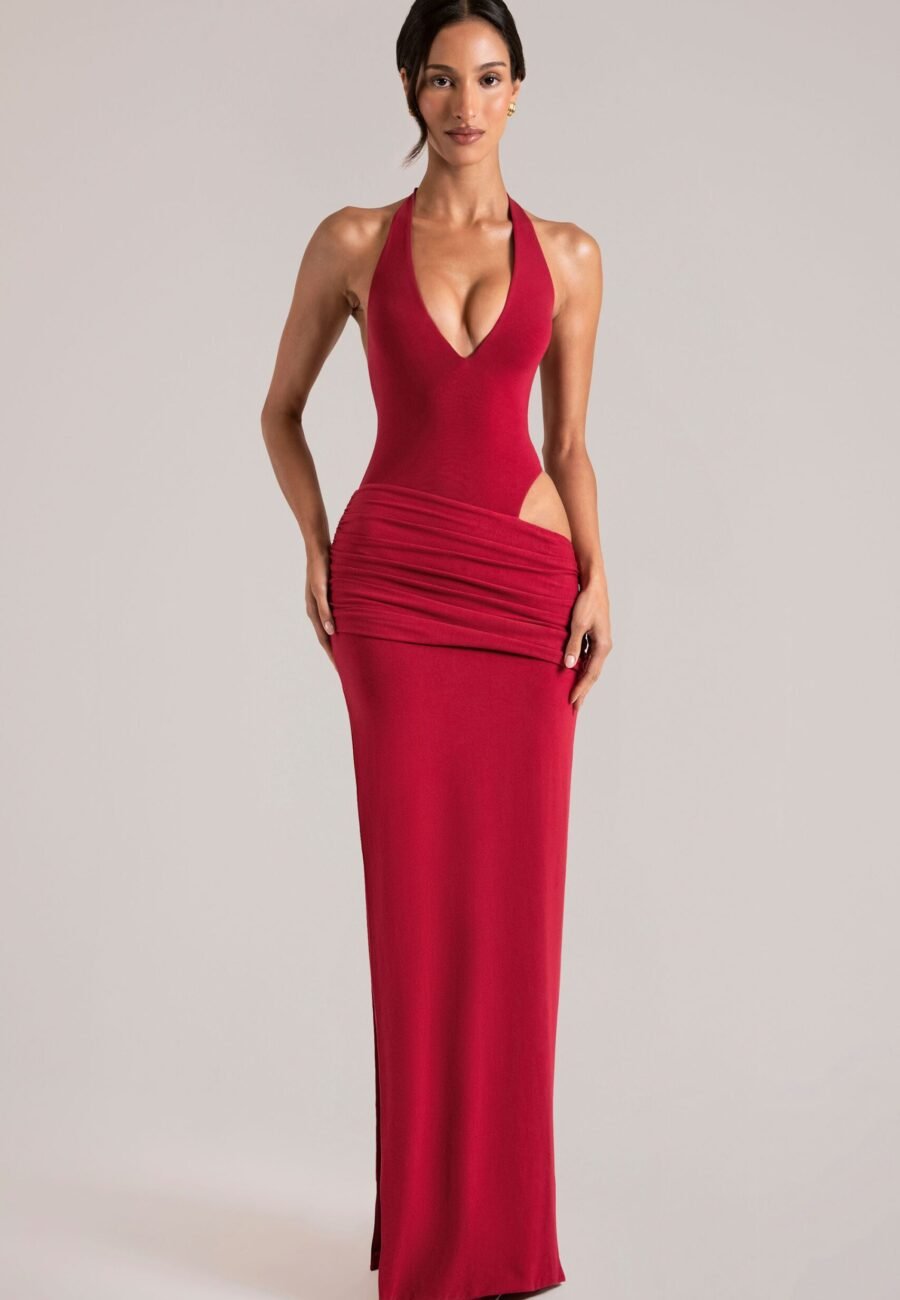 Deep Plunge Halterneck Maxi Dress in Cherry Red
