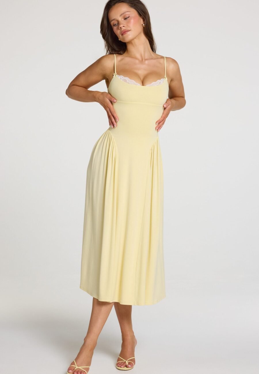 Modal Lace-Trim Midaxi Dress in Pastel Yellow
