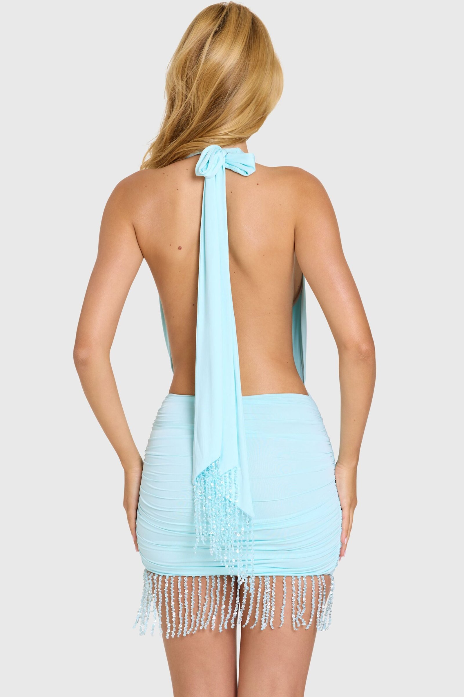 Fringed Halterneck Mini Dress in Aqua - Image 5