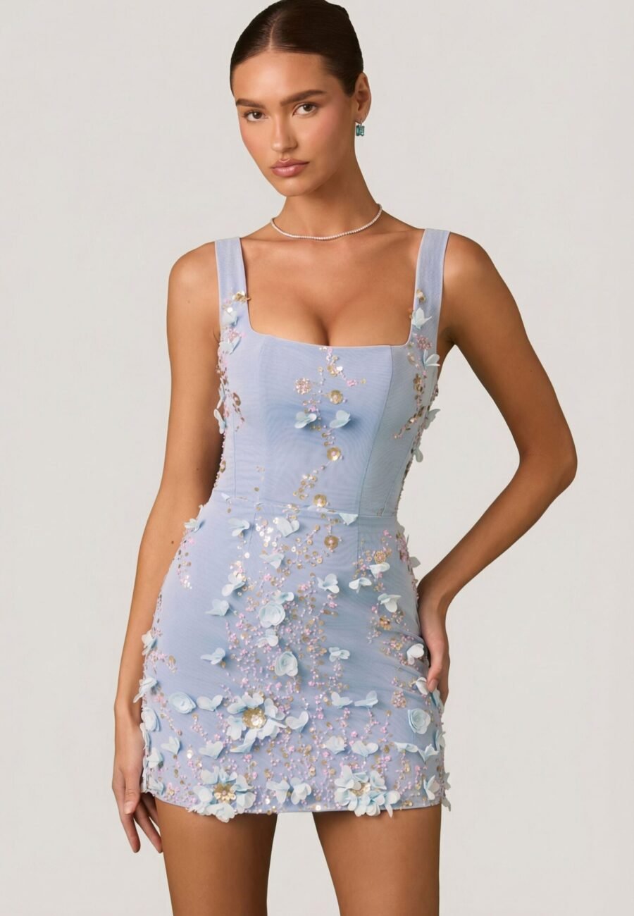 Embellished Appliqu?? Corset Mini Dress in Sky Blue