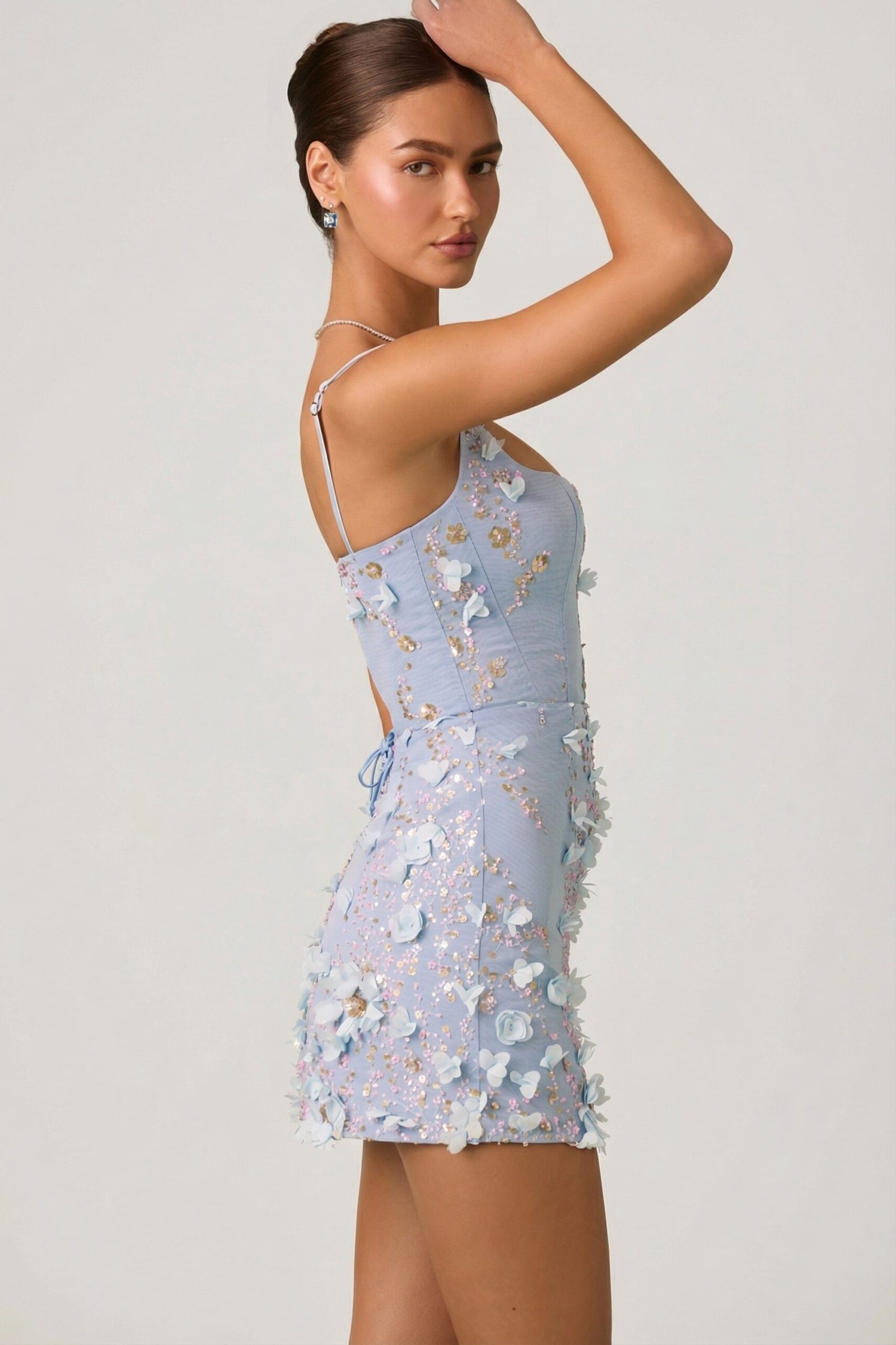Embellished Appliqu?? Corset Mini Dress in Sky Blue - Image 5