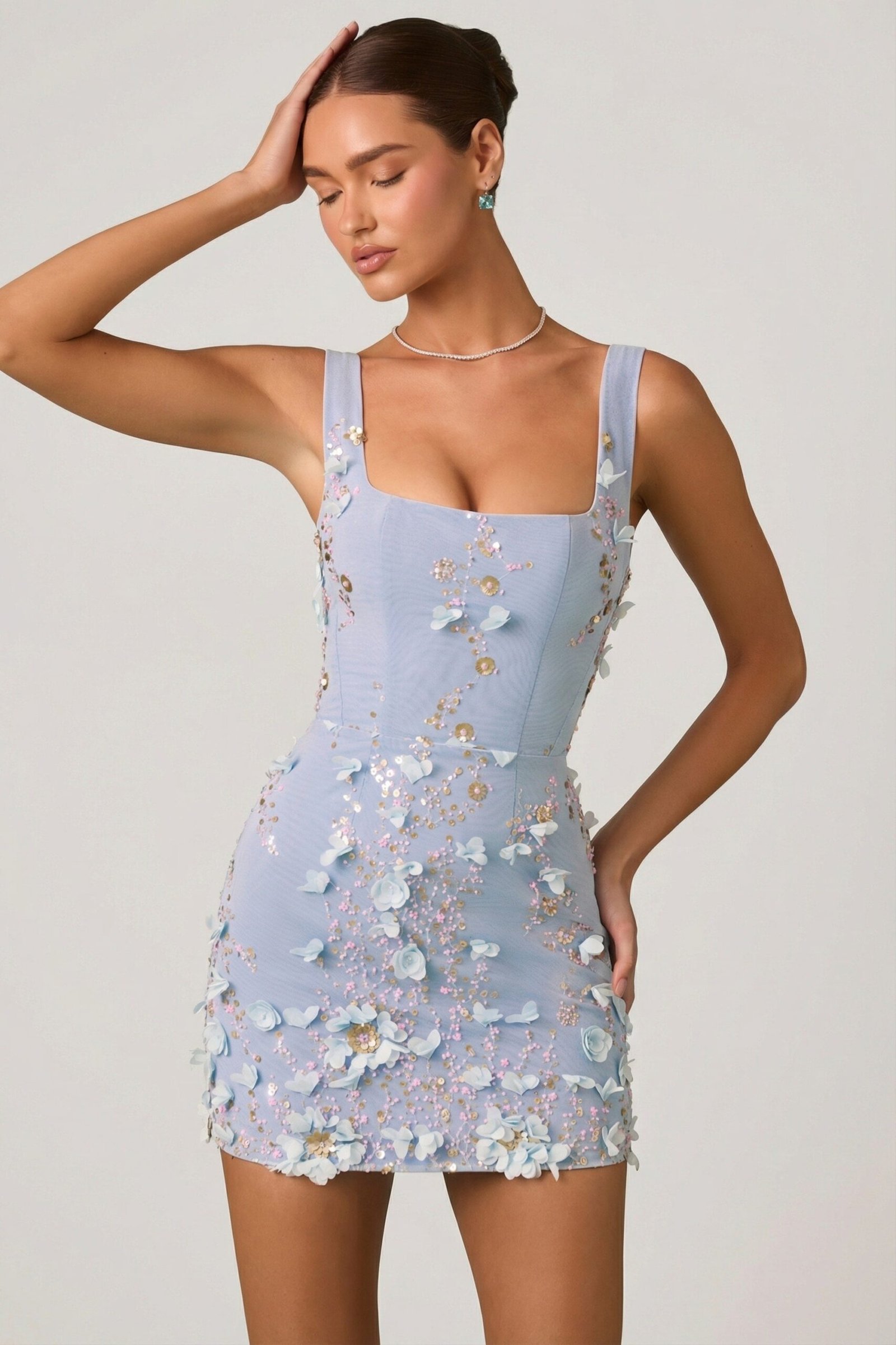 Embellished Appliqu?? Corset Mini Dress in Sky Blue - Image 7