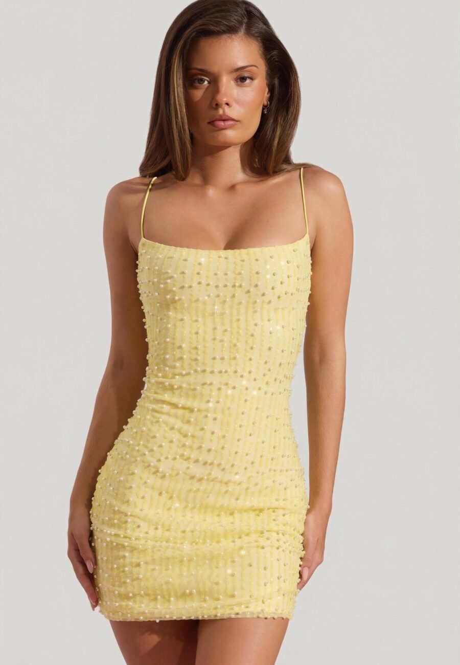 Embellished Scoop-Neck Bodycon Mini Dress in Yellow