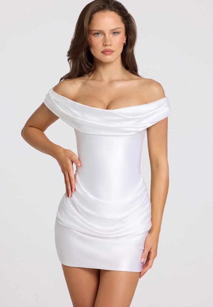 Satin Off-Shoulder Draped Mini Dress in White