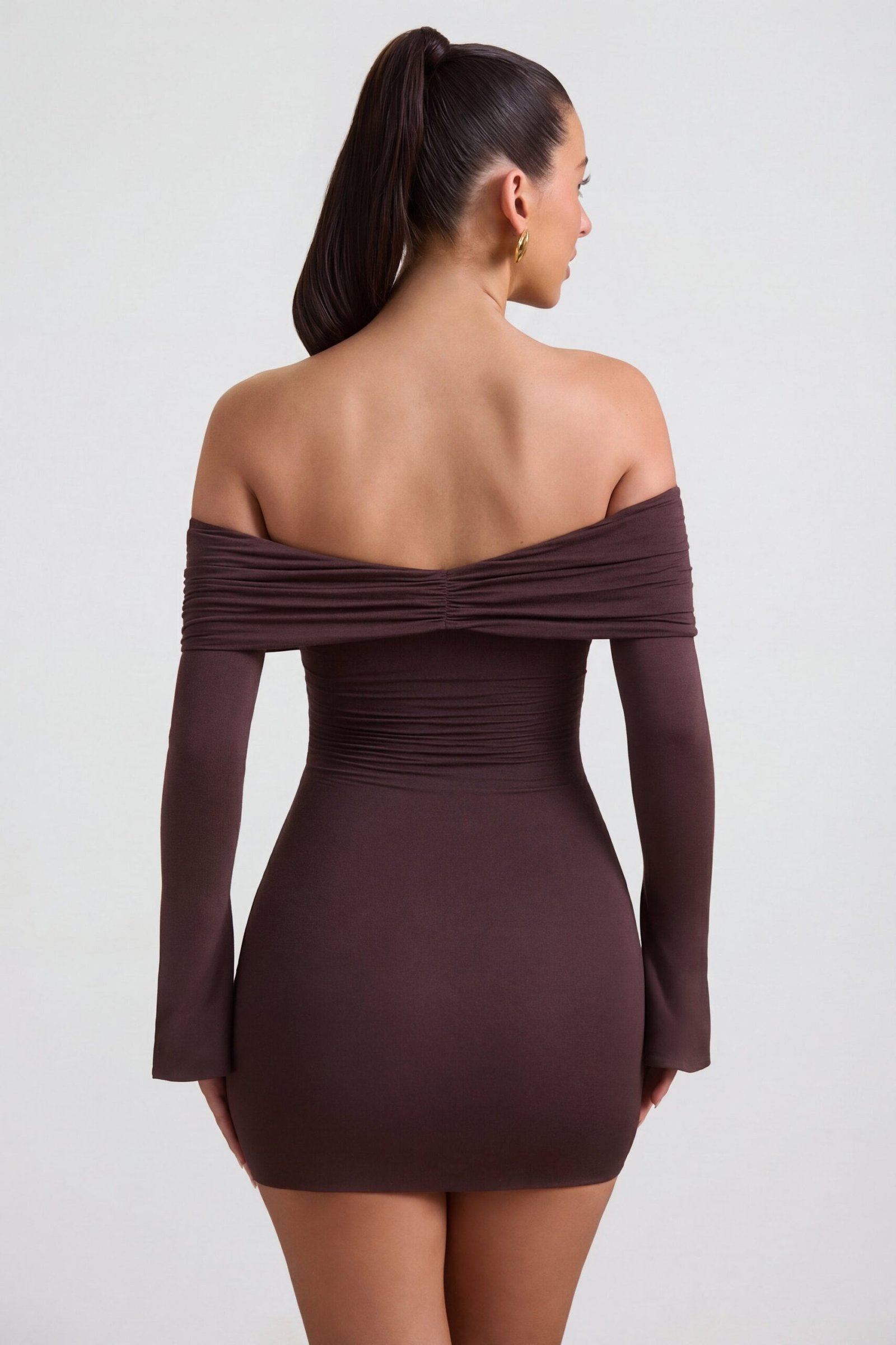 Modal-Cashmere Blend Off-Shoulder Ruched Mini Dress in Espresso - Image 2
