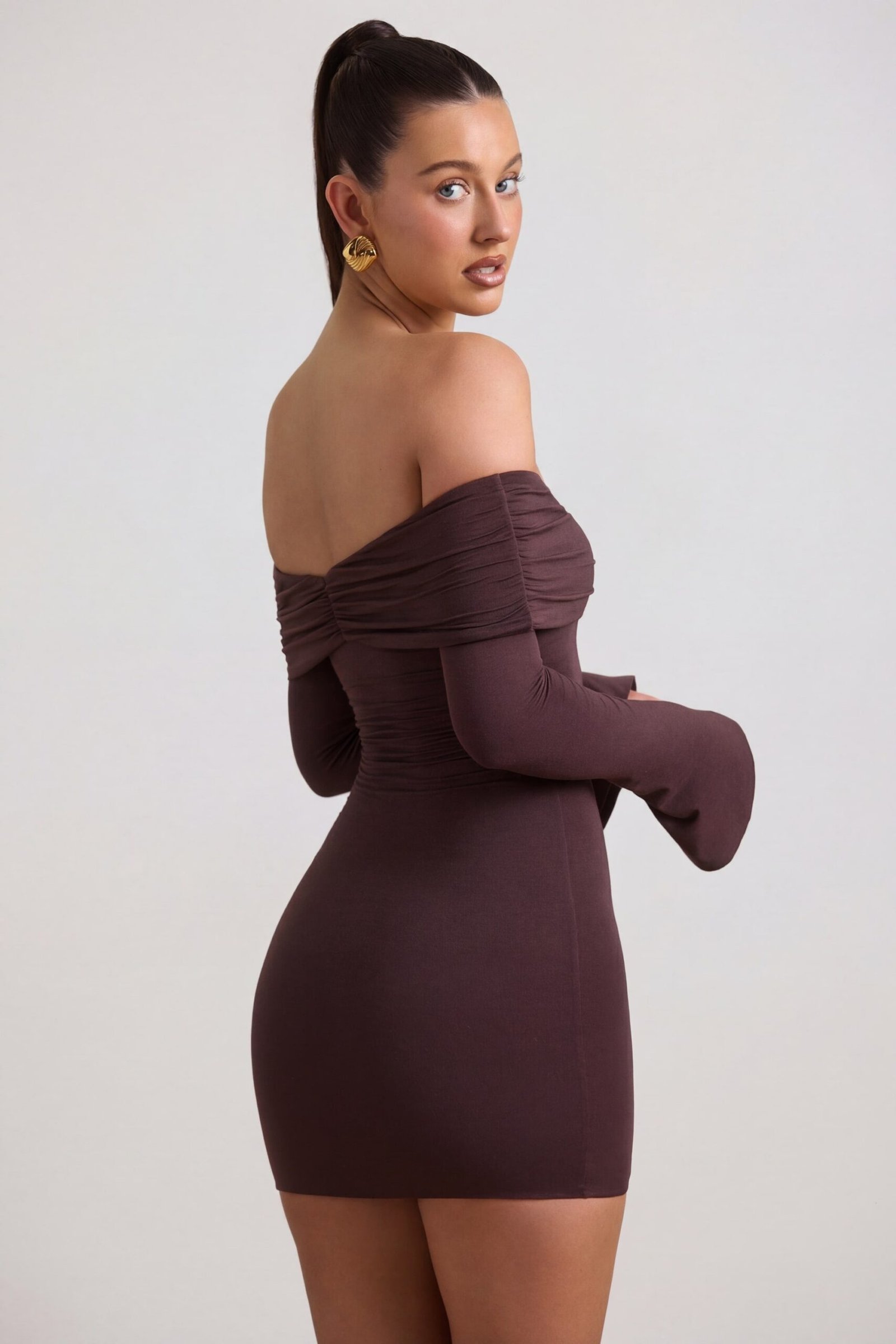 Modal-Cashmere Blend Off-Shoulder Ruched Mini Dress in Espresso - Image 6