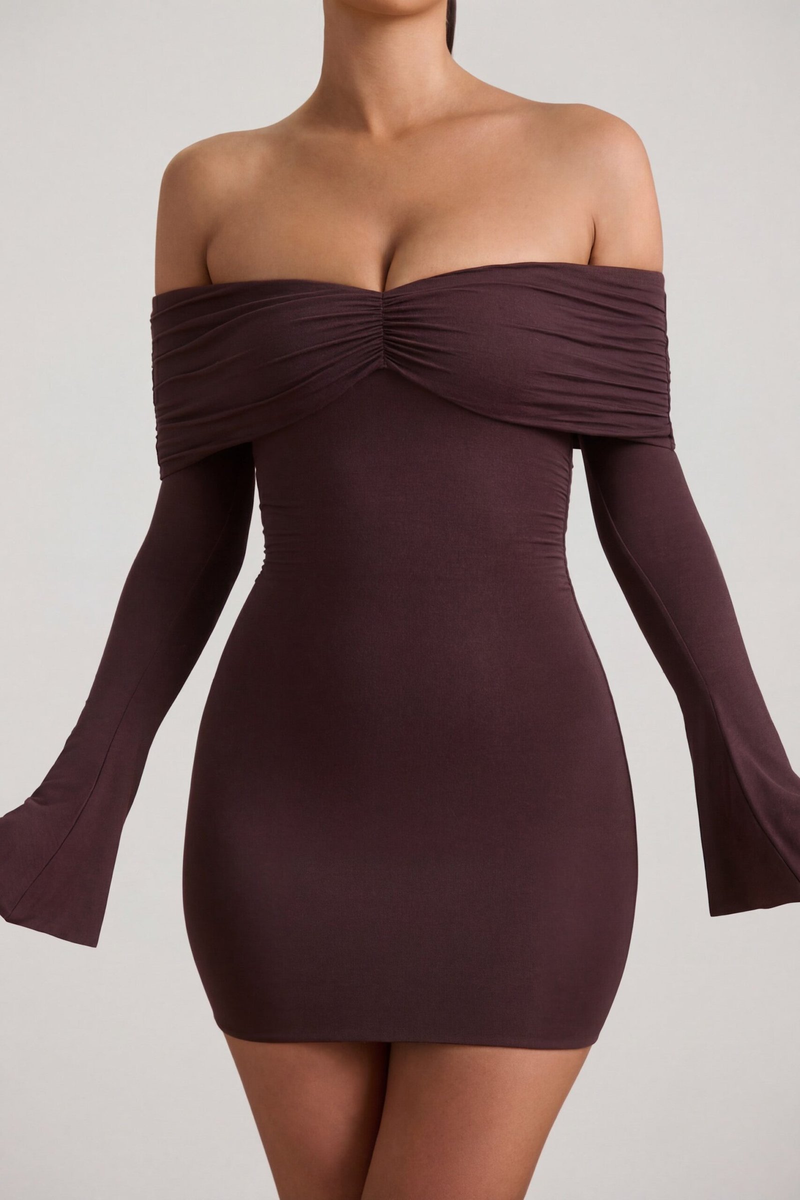 Modal-Cashmere Blend Off-Shoulder Ruched Mini Dress in Espresso - Image 4