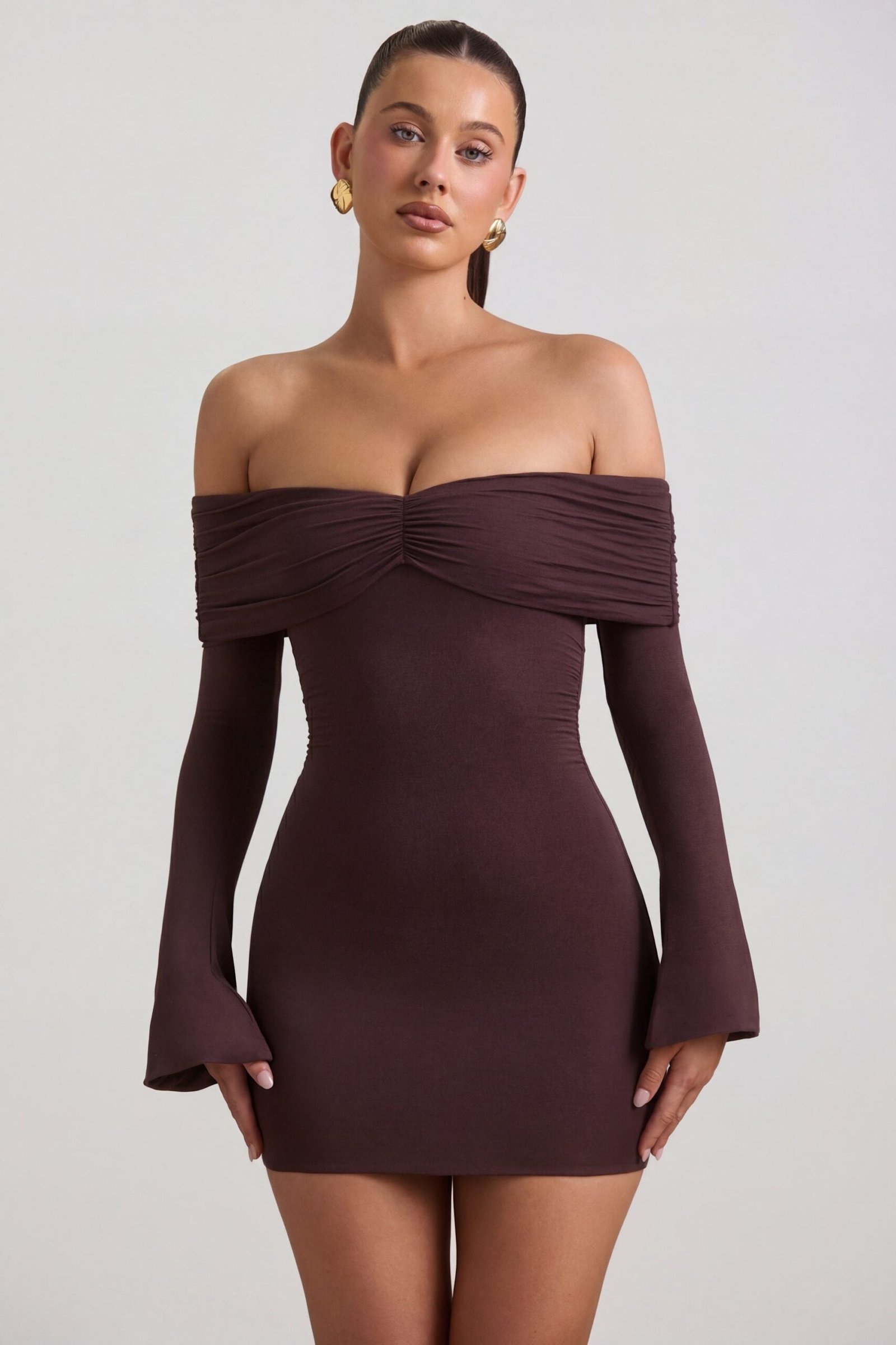 Modal-Cashmere Blend Off-Shoulder Ruched Mini Dress in Espresso - Image 5