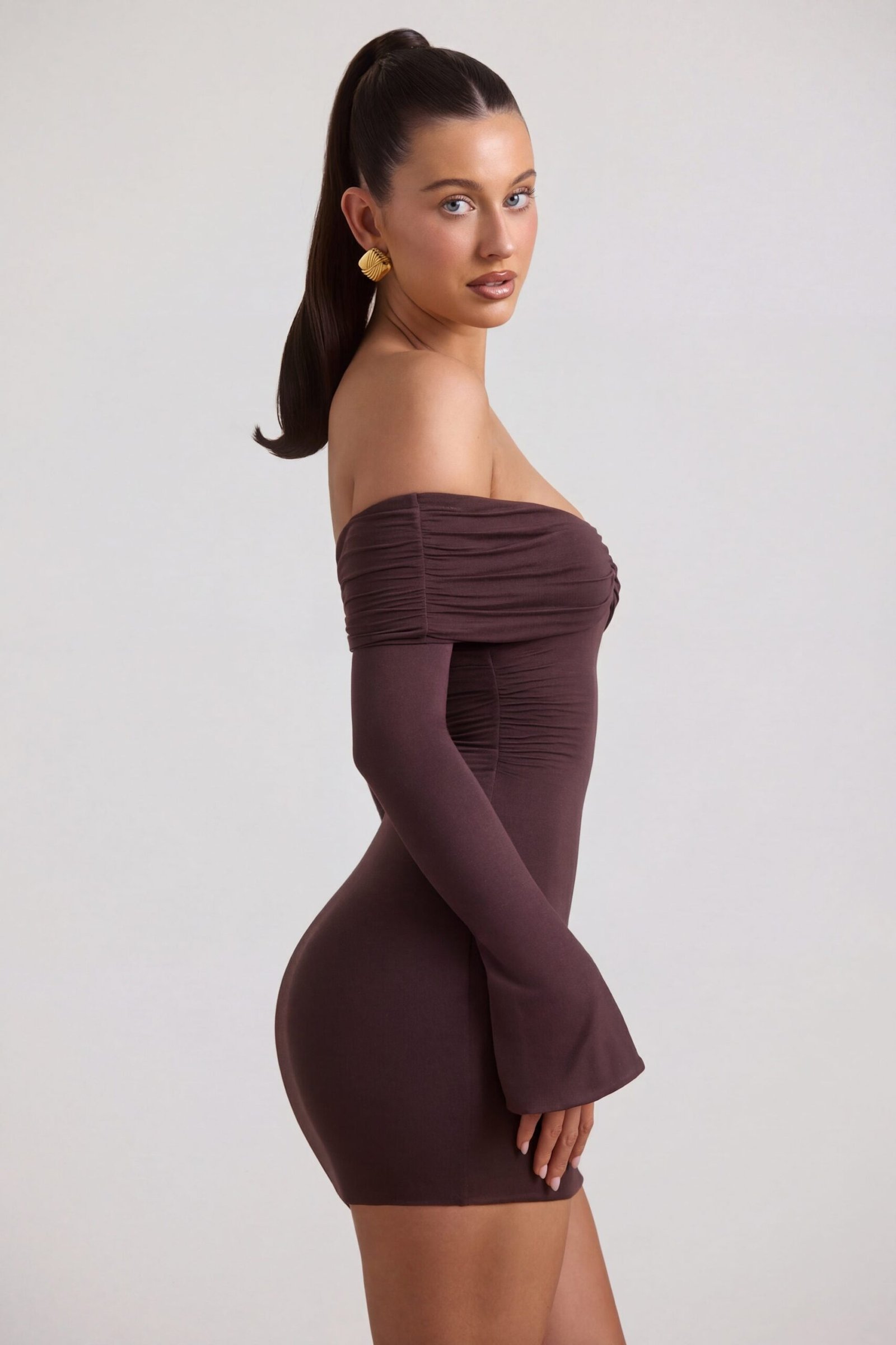 Modal-Cashmere Blend Off-Shoulder Ruched Mini Dress in Espresso - Image 3