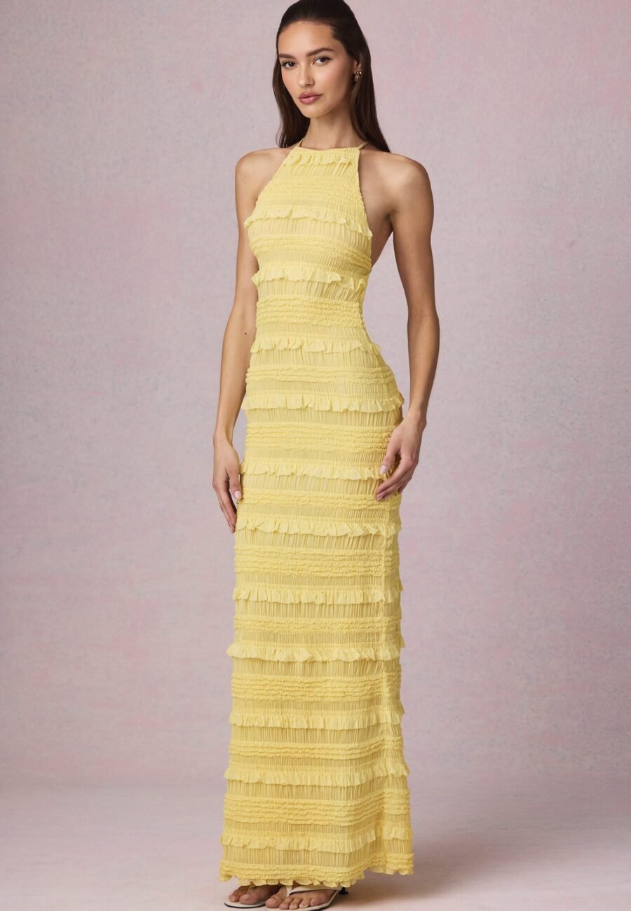 Ruffled Backless Halterneck Maxi Dress in Lemon Yellow